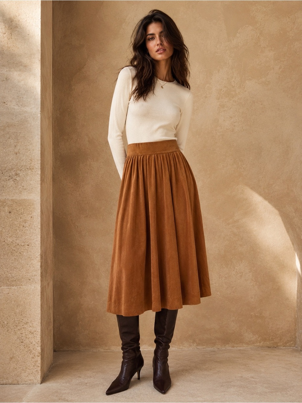 T Tahari Pleated Faux Suede Midi Skirt Camel Brown, Size S